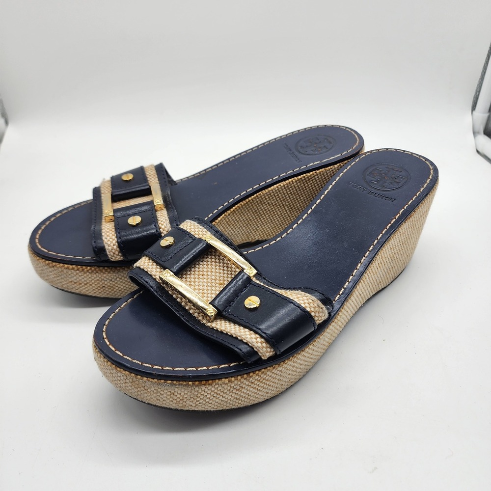 Tory Burch Wedge Slide Sandals Women 7M Navy Blue Leather Canvas Gold Hardware